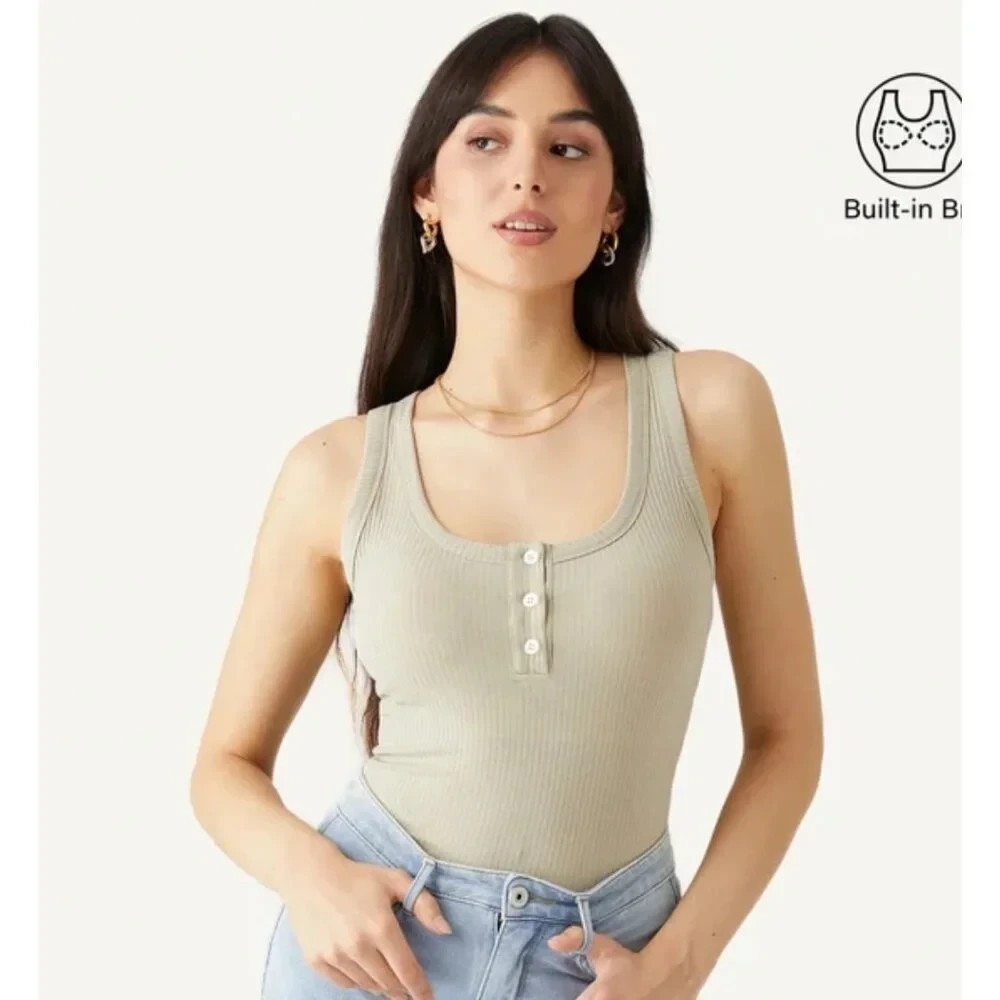 OGL Move Size L Ecosy Plantive Henley Ribbed Brami Sleeveless Bra Tank Beige